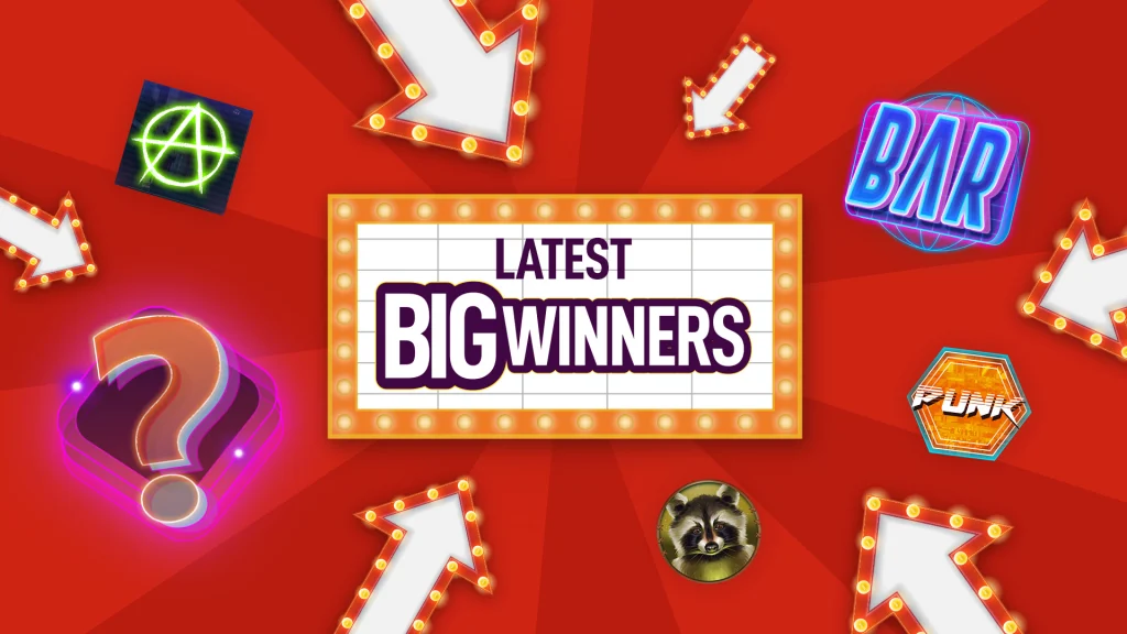 There’s a bright red image with a marquee box inside that says “Latest Big Winners,” with lit-up arrows pointing toward it and various slot symbols floating around it.