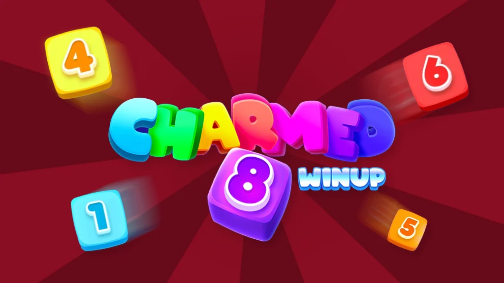 On a maroon background, the words ‘Charmed’ and ‘Win Up’ are displayed in bubbly block letters in rainbow colors. Colored blocks with numbers are displayed on all sides. 