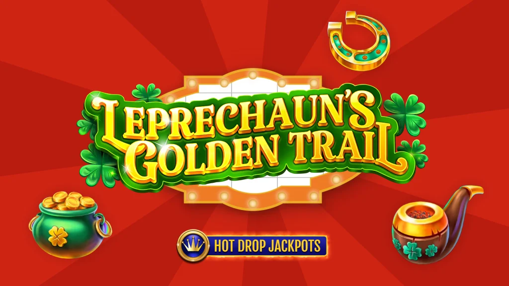 In the center of a bright red image is text that says “Leprechaun’s Golden Trail.” Symbols associated with leprechauns are on the right and left, including a pot of gold, a horseshoe, and a tobacco pipe. 