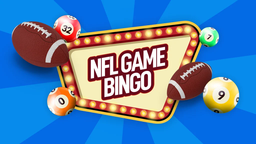 Footballs and bingo balls surround text which says "NFL Game Bingo"