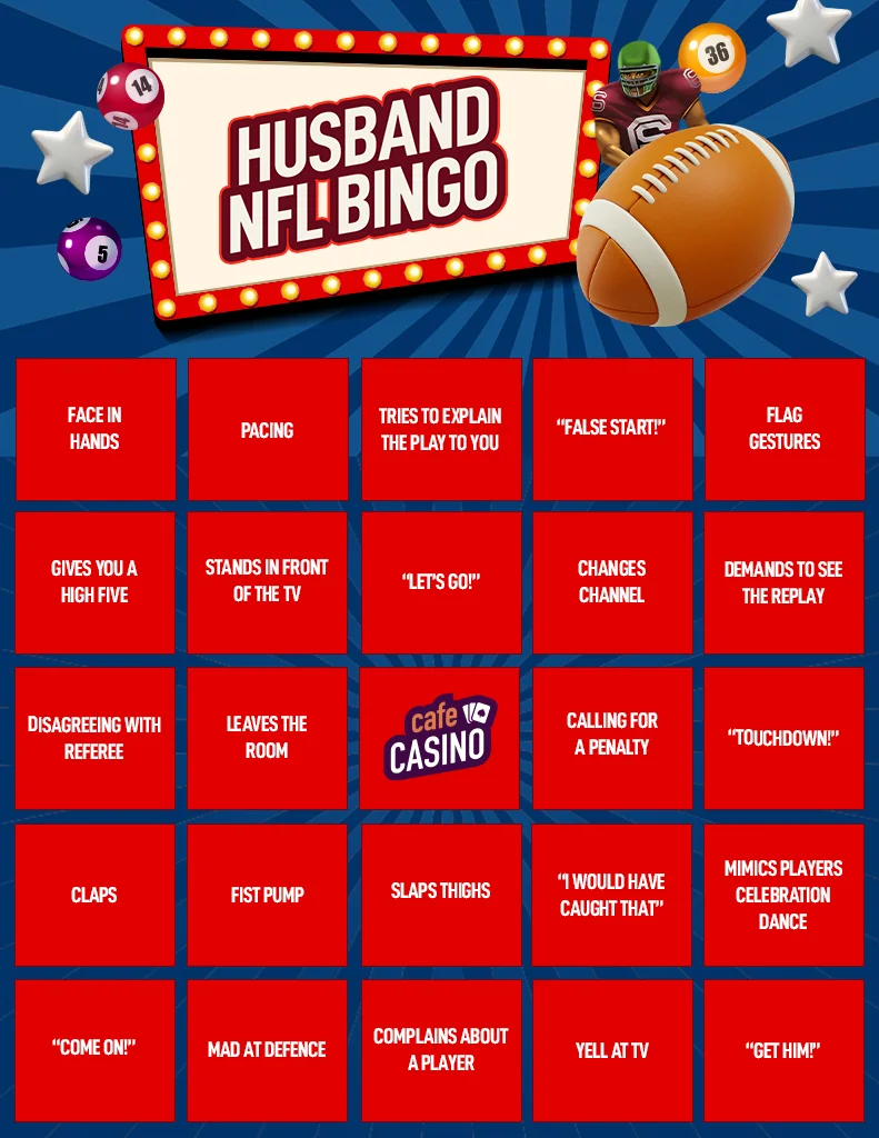 A 5x5 bingo card with a blue background and red squares with text in each of them. The title at the top says "NFL Husband Bingo" with a football and a football player