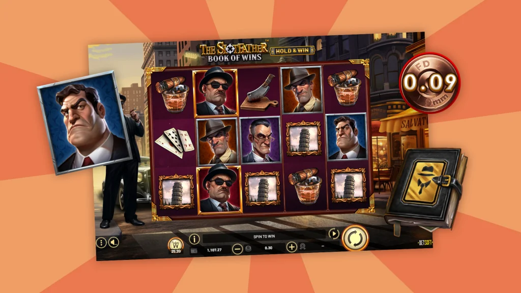 With a peach background, we see the Slotfather: Book of Wins slot in action with symbols of gangsters and books highlighted. 