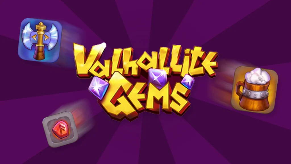 A dark purple image has the words “Valhallite Gems” in yellow block font in the center. Various symbols of Viking mythology are displayed on the left and right. 