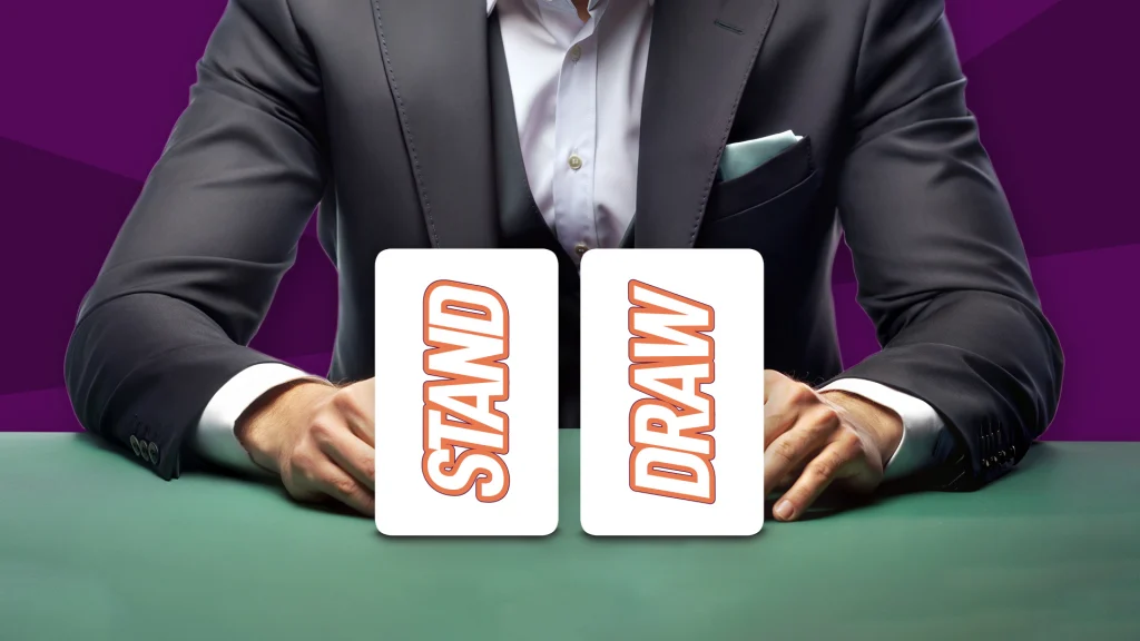 There are two white cards in the front and center that say “Stand” and “Draw.” A man sits behind them in a black tuxedo at a casino table with green felt. Behind him, the background is dark purple. 