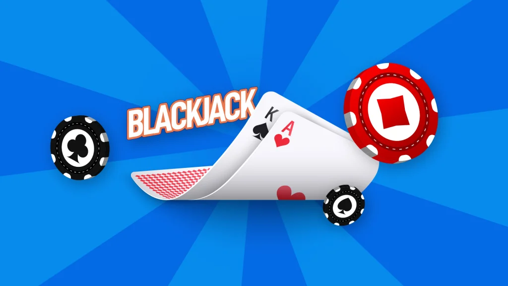 Two black and one red poker chip are on a blue image. Two cards showing a K and an A are flipping upward, and the text ‘Blackjack’ is above them on the left.