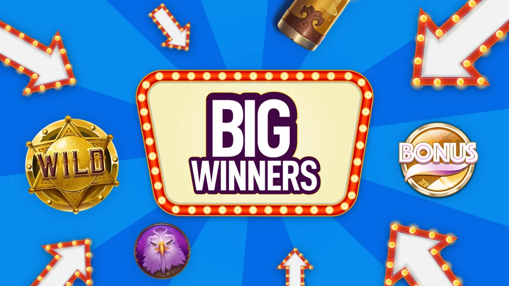 On a blue image, there’s a marquee in the center that says “Big Winners.” Marquee arrows point toward the center sign, and various slot symbols are on all sides.