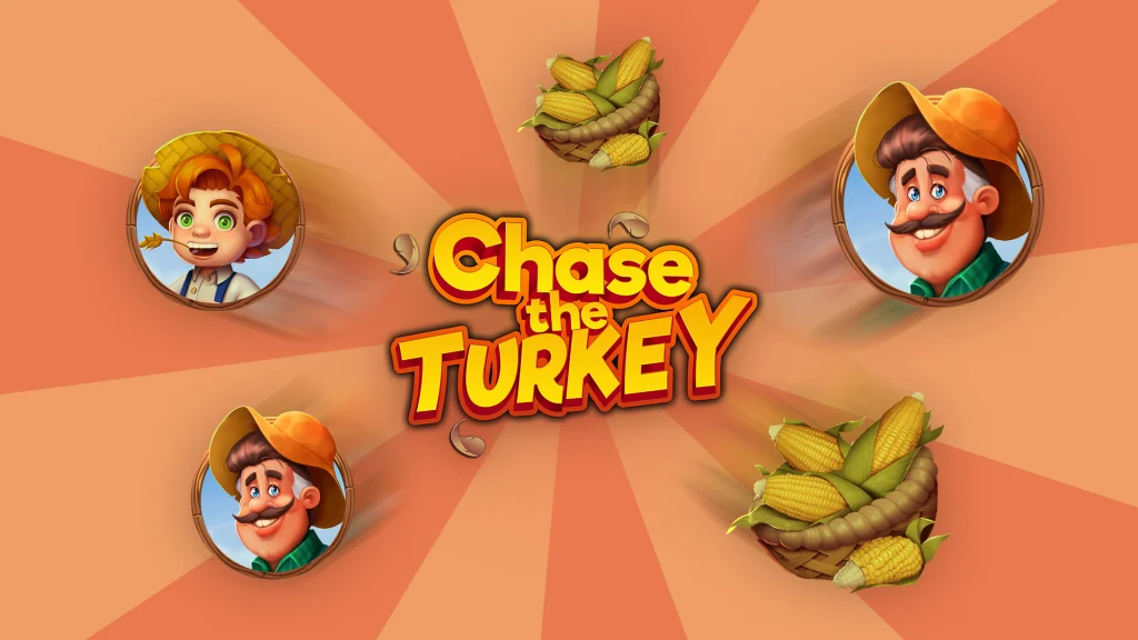 On a peach-colored image, the game name, ‘Chase the Turkey,’ is displayed in the center. Creating a circle around it are images of a farmer, a young boy, and baskets of corn.