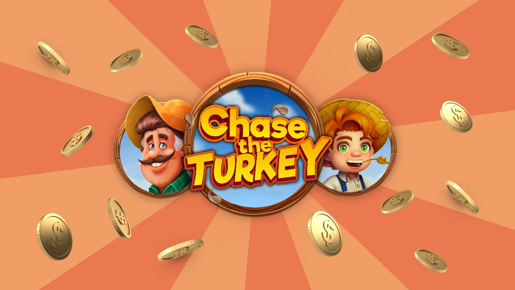 Gold coins are shimmering around a farmer, a young boy, and a circle with the words ‘Chase the Turkey’ in the center of it. 