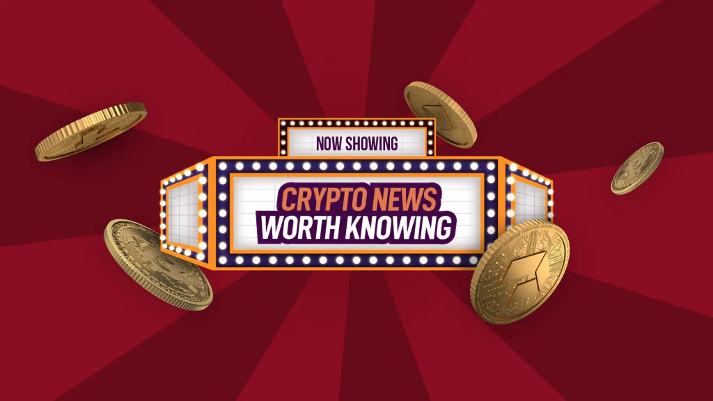 On a dark red background, there are marquee lights with the text ‘Crypto News Worth Knowing’ in the center and ‘Now Showing’ on the top. Gold coins float around it.