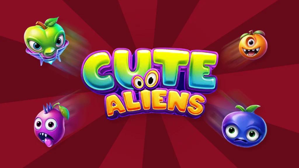 Four fruit-shaped aliens with silly expressions on their faces surround text that says “Cute Aliens” on a dark red image. 