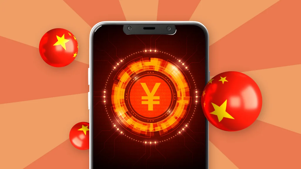 There’s a smartphone in the center with a lit-up orange circle displaying the symbol for the Chinese yuan inside. Three red balls with yellow stars are on either side of the phone, and everything is displayed on a peach background. 