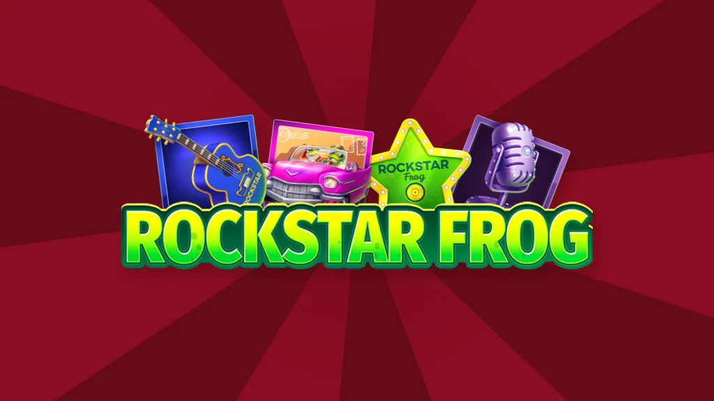 The words ‘Rockstar Frog’ are in neon green in the center. Above it are pictures of a blue guitar, pink Cadillac, green star, and purple microphone. 