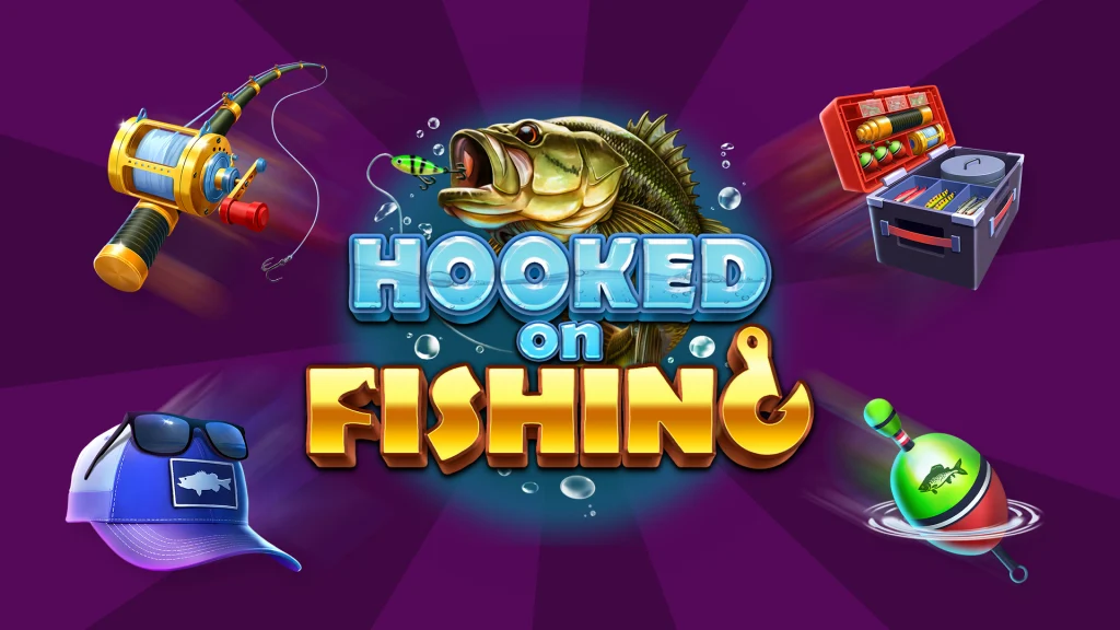 The words, ‘Hooked on Fishing’ are displayed in the center and a fishing rod, trucker hat, tackle box, and bait symbols float around it. 