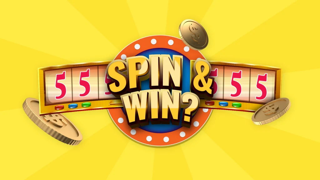 On a bright yellow background, a banner in the center says, “Spin & Win?” Behind it is a line of 5s and three gold coins.