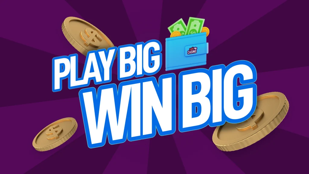 In big white block letters in the center, it says, “Play Big Win Big.” Just above it is a wallet with cash coming out and there are three gold coins surrounding it. 