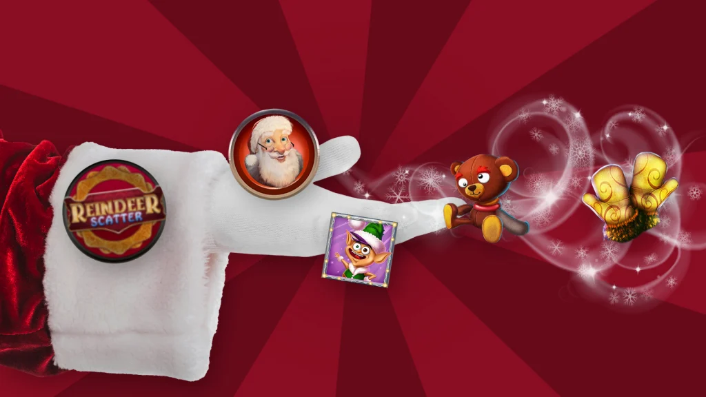 In a dark red image, Santa's white-gloved hand holds symbols of Santa, an elf, a teddy bear, and sparkles swirl out of his fingers.