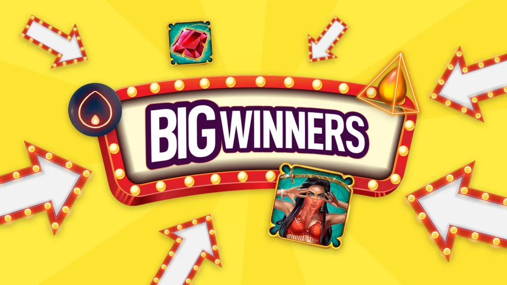 In the middle of red and yellow marquee lights is the text, “Big Winners.” Six white arrows point to it, and various slot symbols surround it. Everything is on a bright yellow background.