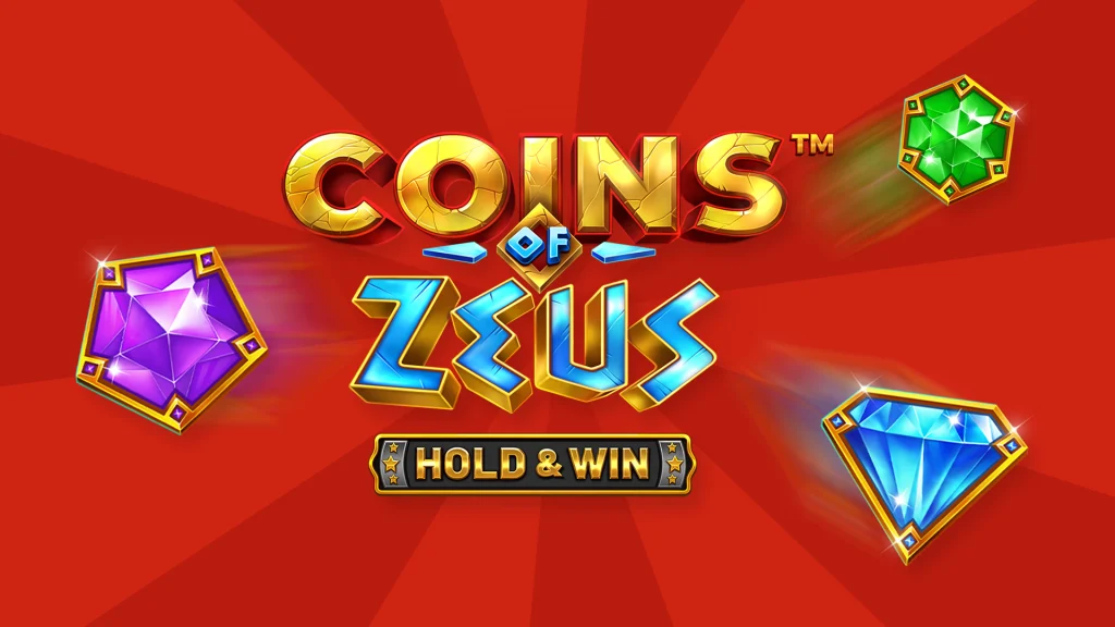 The text in the middle says, “Coins of Zeus Hold & Win,” and a purple, blue, and green diamond are situated on either side of a red background. 