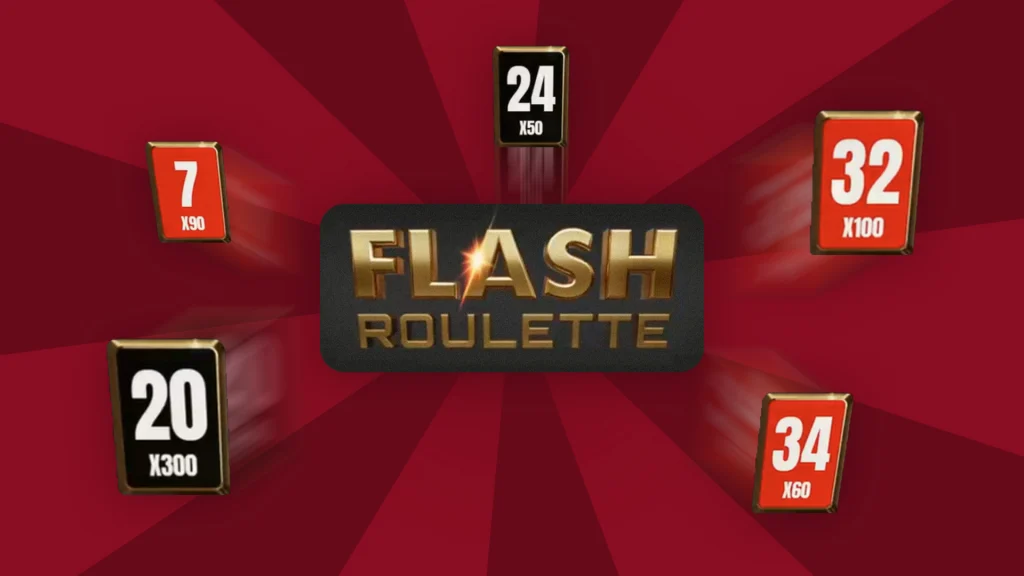 ‘Flash Roulette’ is displayed in the center of a black square in gold letters. On the top, right, and left are red and black roulette numbers with multipliers under them.