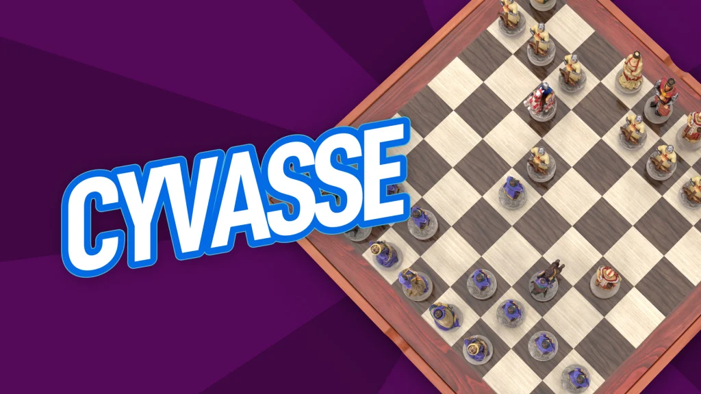 We see the word “Cyvasse” displayed partially over a purple background and a type of chessboard. 