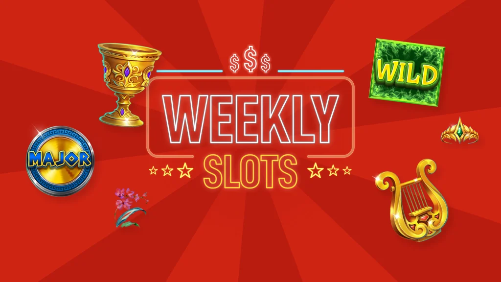 On a red background, neon lights show three dollar signs and text that says, “Weekly Slots.” On the left is a gold chalice and a gold coin that says, “MAJOR.” On the right is a green Wild symbol and a gold harp.