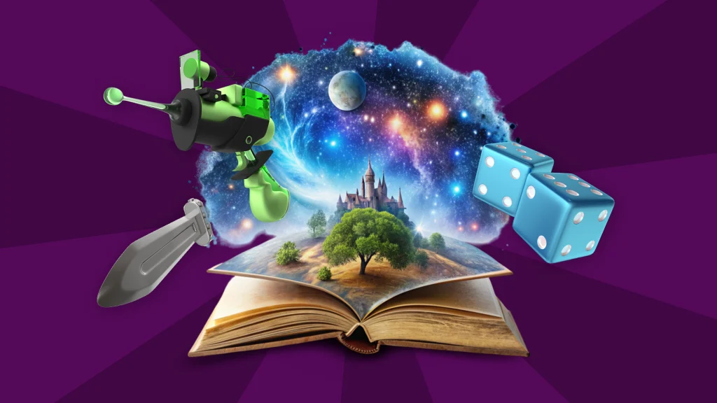 On a dark purple background, a book is open with trees sprouting out and a cosmic cloud spreading with dice, ray guns, and swords.