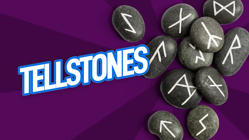 On a purple background are runestones next to white text that says "tellstones"