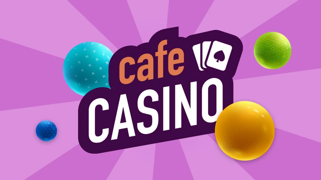 The text says, “Cafe Casino” in the center with an orange, blue, and green Plinko ball around it, and it’s all on a light purple background. 