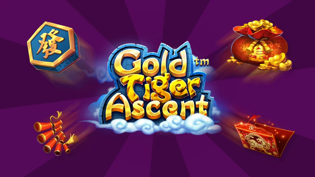 A dark purple image shows the text, “Gold Tiger Ascent” in the center, and symbols of fireworks, a bago f money, and a Chinese character are poised on the left and right. 