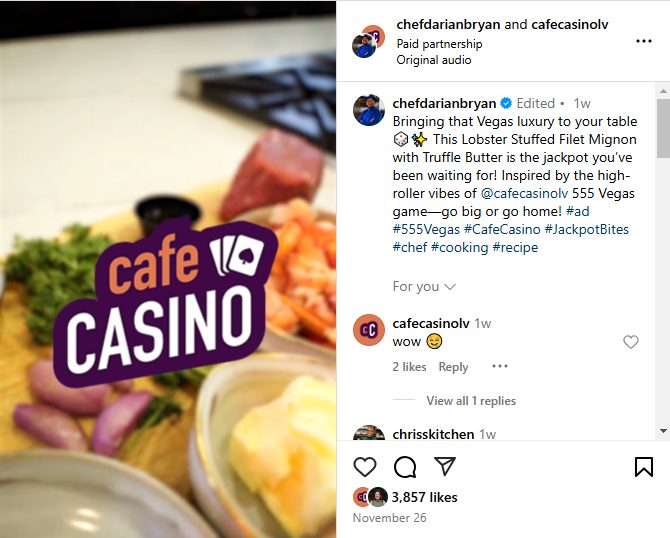 screenshot of chef darian's instagram post with the Cafe Casino logo