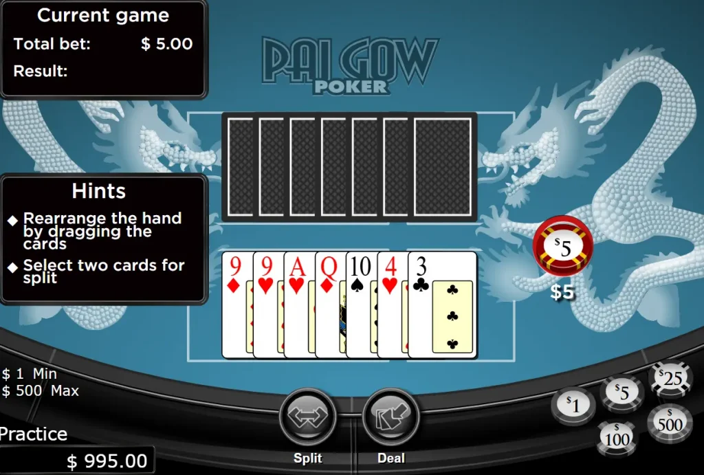 Pai Gow poker table with a hand dealt and hints on screen for the player