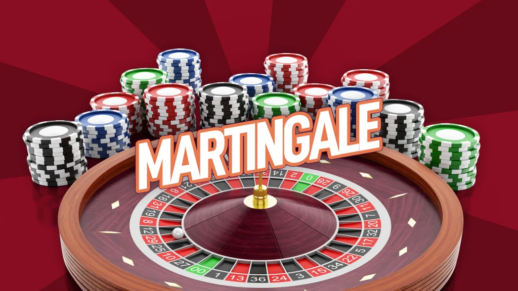 A roulette wheel is displayed on a dark red background. Behind it are stacks of betting chips and above it is white block text that reads, “Martingale.”