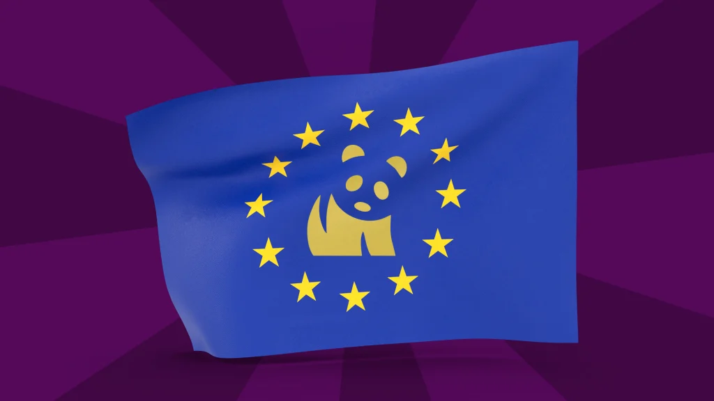 A blue flag shows a yellow outline of a panda surrounded by a circle of stars, and that’s all displayed on a dark purple background. 