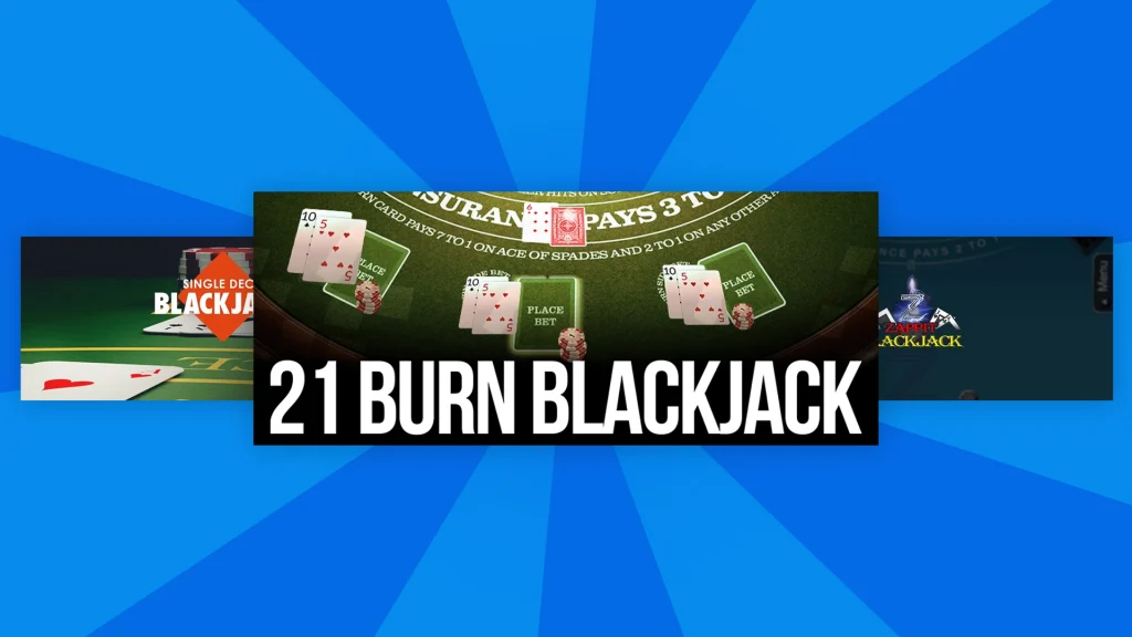 Various blackjack types are displayed in action on a blue background.