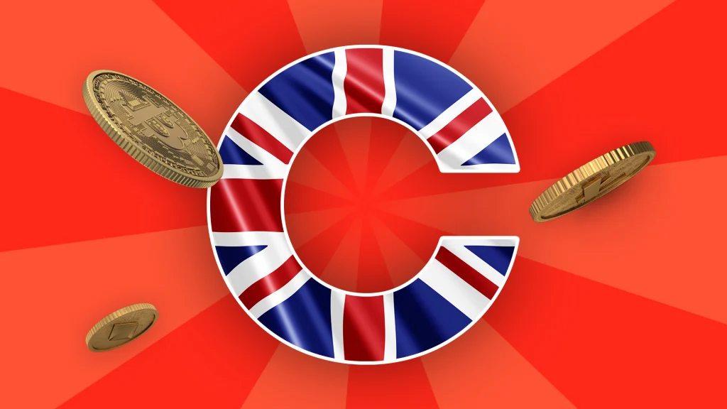 A big “C” is displayed in the center of a bright red background, and the British flag is shown inside the “C.” Three gold coins are on either side. 