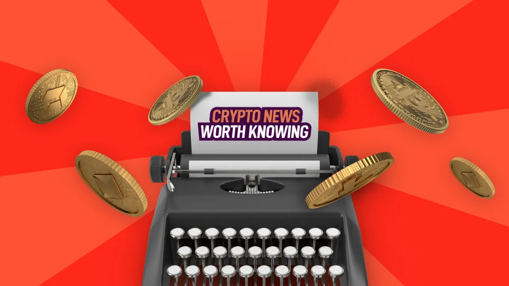 On a bright red background, an old-school typewriter is printing a paper that says, “Crypto News Worth Knowing,” and six gold coins are floating around it.