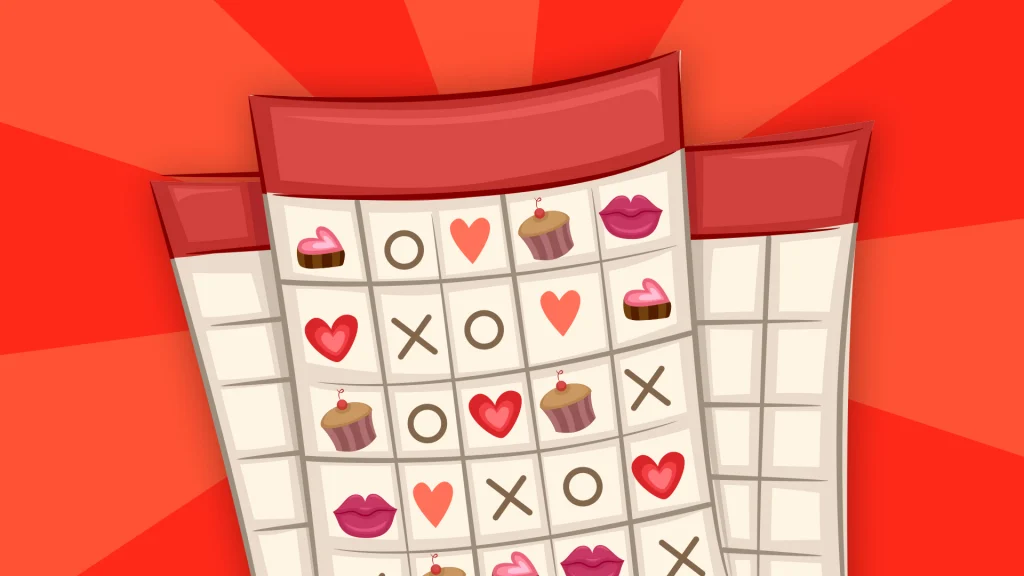 Three bingo cards with cupcakes, hearts, and lips are displayed in the center of a dark red image. 