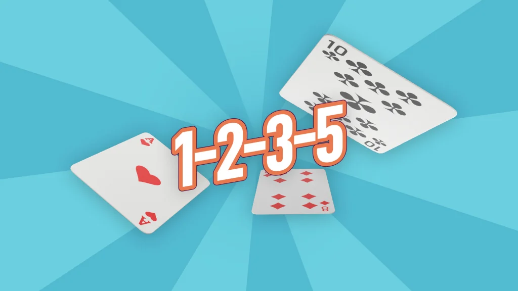 On a light blue background, the numbers “1-2-3-5” are displayed in white block text, with the playing cards Ace of hearts, 8 of diamonds, and 10 of clubs surrounding them.