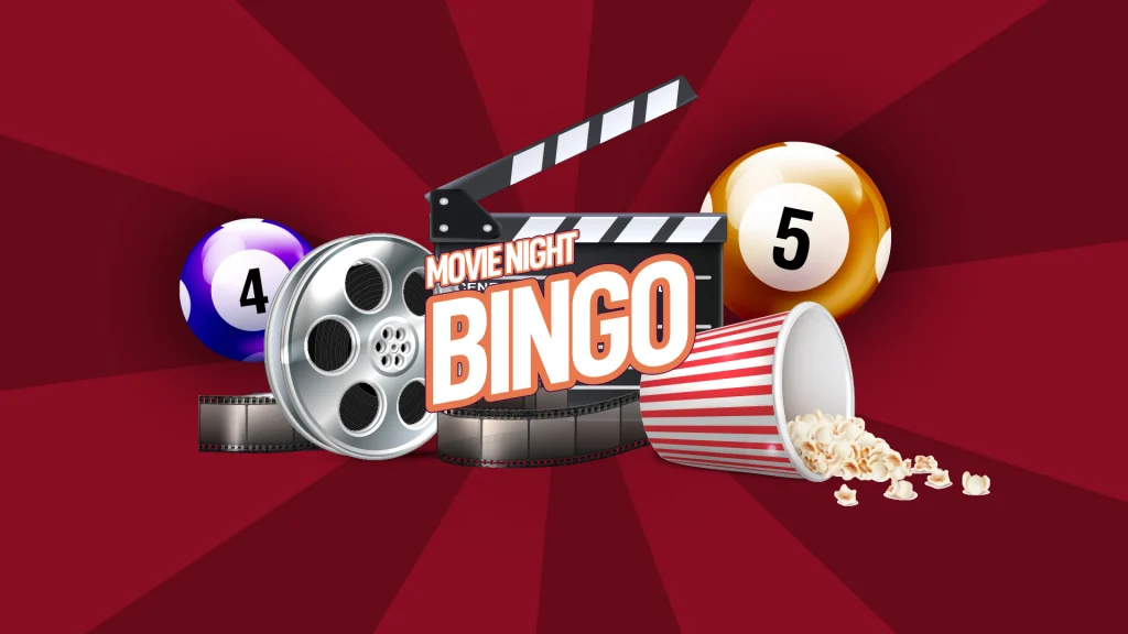 On a dark red background, a black and white movie reel is displayed in the center with a purple and orange bingo ball and a spilled red and white bucket of popcorn.