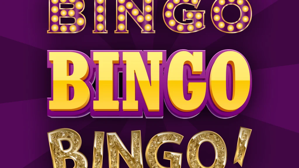 In a dark purple image, we see the word BINGO in yellow with a purple outline. On the top and bottom, “BINGO” is displayed again in marquee lights and gold glitter. 