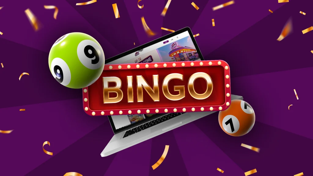 The word “BINGO” is displayed in glimmering gold letters in the center of a lit-up marquee. A green bingo ball is on the top left and an orange one on the bottom right, and behind everything is an open laptop, falling gold confetti, and a dark purple background.