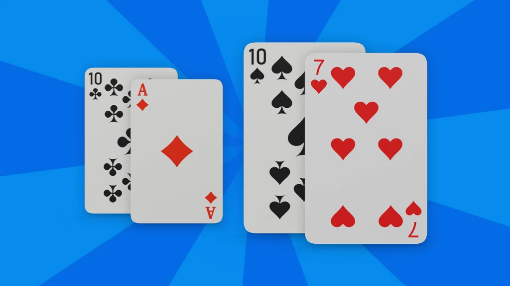 A 10, Ace, 10, and 7 playing cards are lined up on a blue image. 