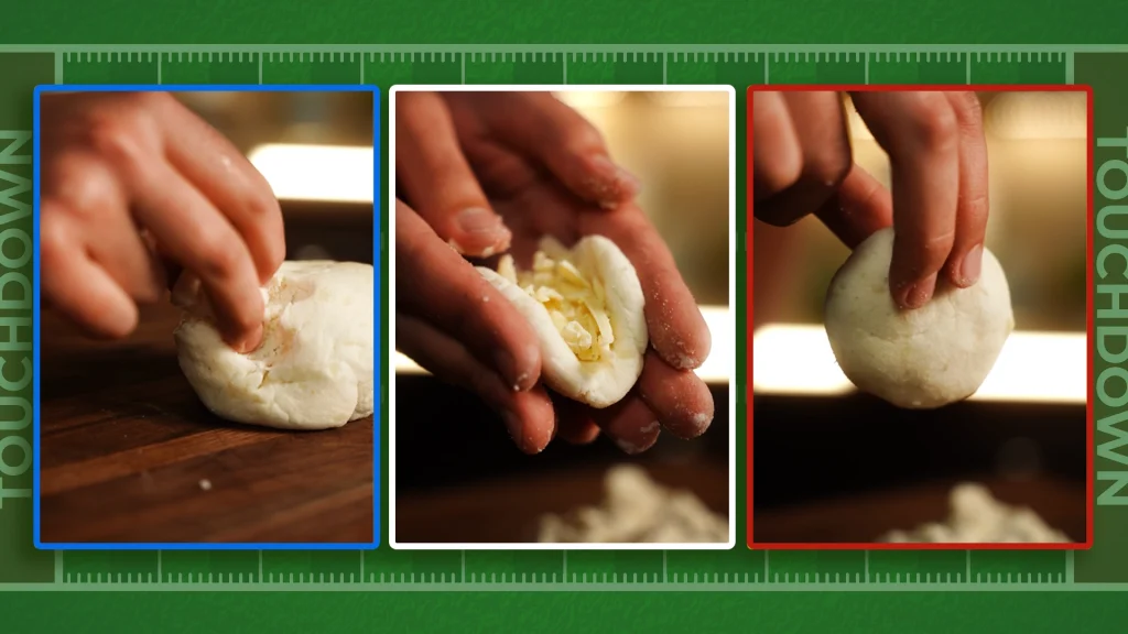 3 images superimposed on a football field show Jason Ortynski preparing the potato dough and adding the mozzarella in the middle