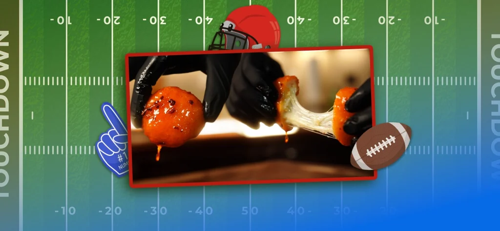 an image of fried mozzarella bites being pulled apart feature on a background of a football field