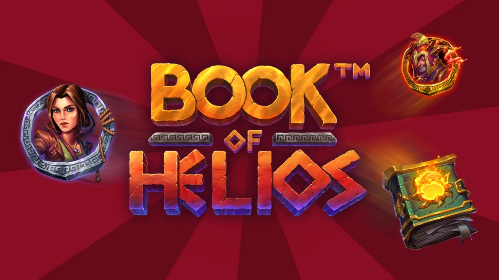 “Book of Helios” is in block letters in the center of a dark red image, and fantasy symbols are displayed on the left and right. 