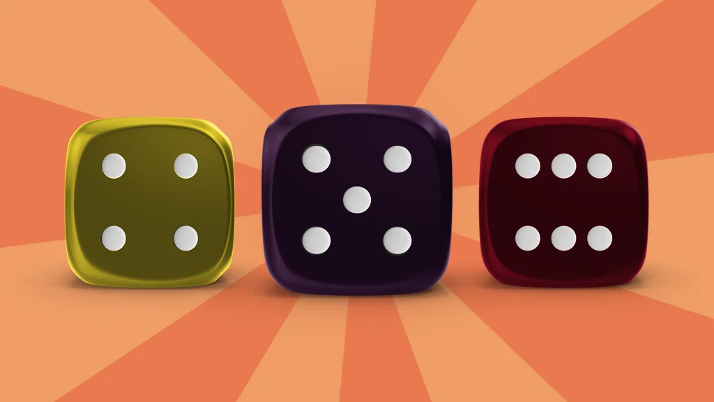 In the center of a peach image, we see yellow, dark purple, and dark red dice with white divots showing four, five, and six. 