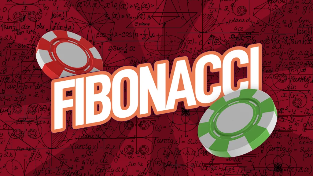 The word “FIBONACCI” is displayed in white and orange block letters in the center of a red image etched in math symbols. A red and green betting chip is on the top and bottom. 