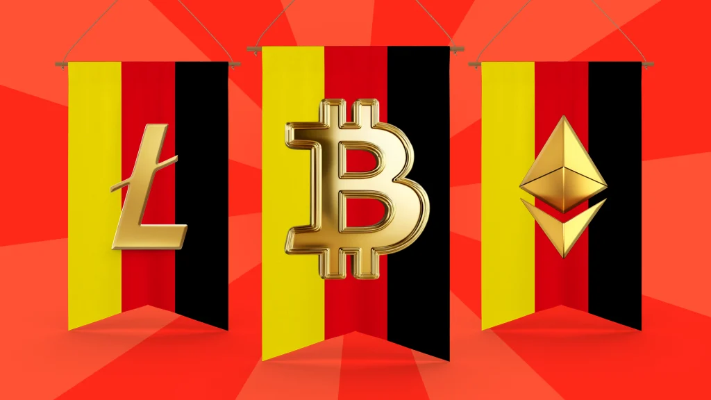 The symbols for Litecoin, Bitcoin, and Ethereum are displayed over banners of the yellow, red, and black German flags. 