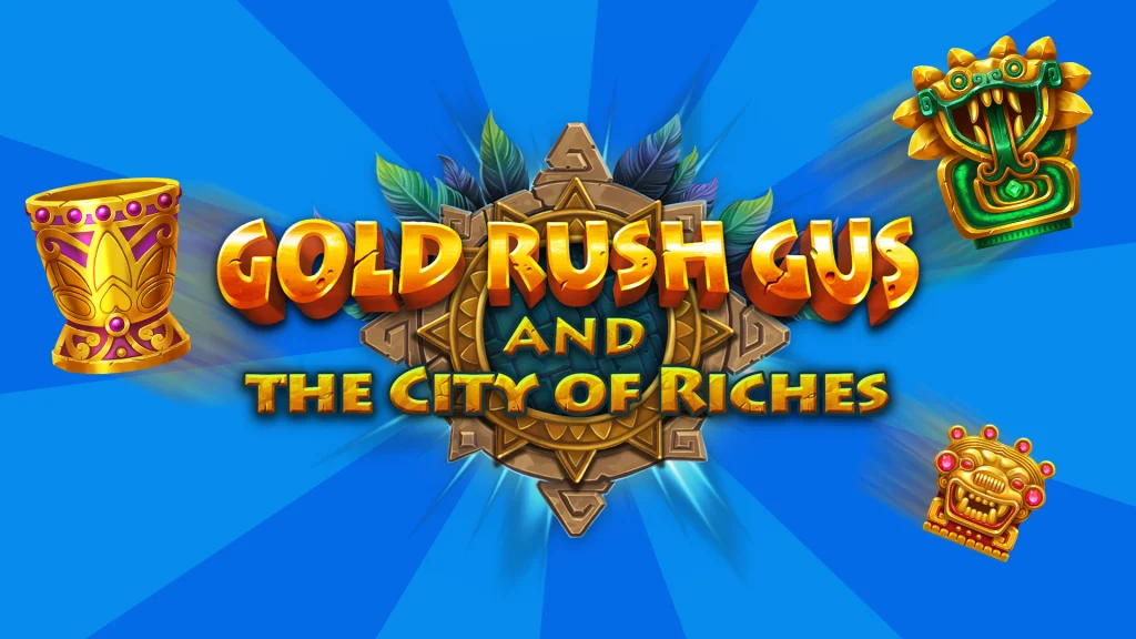 There’s a blue image and the game name, “Gold Rush Gus and the City of Riches,” displayed in the center. Various Aztec symbols surround it.