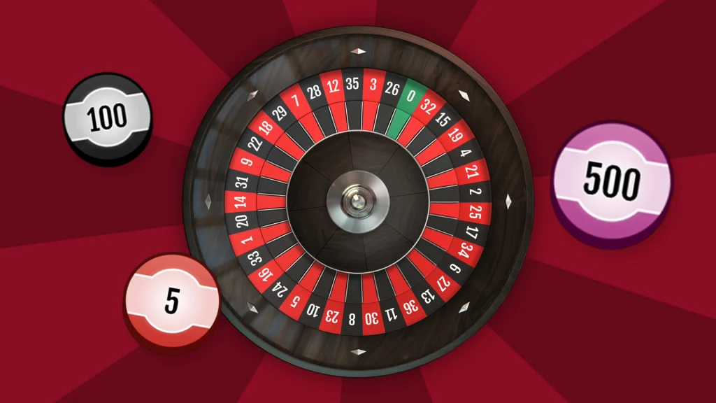 On a dark red background, we see a roulette wheel spinning and three various betting chips surrounding it. 